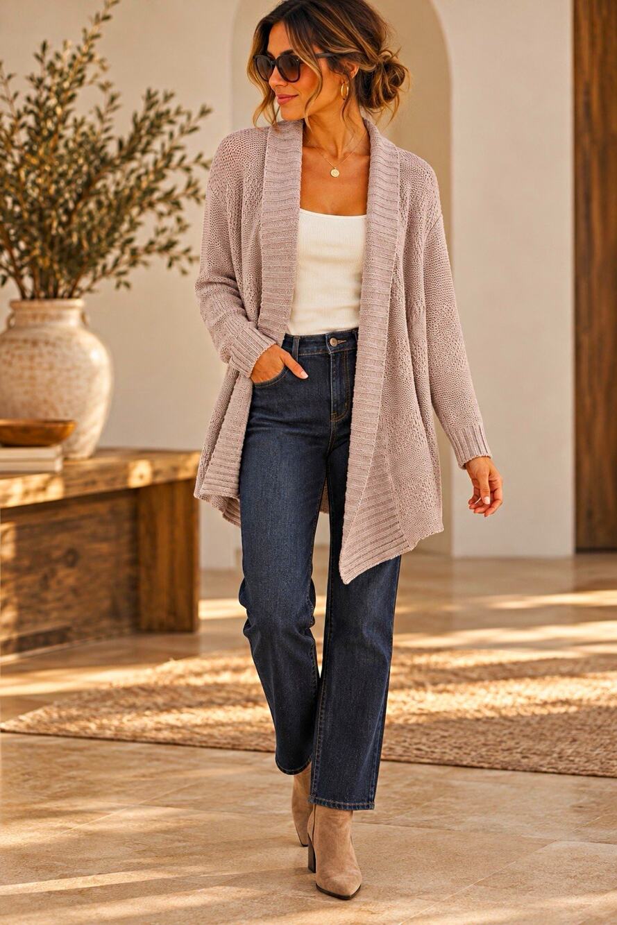 Honey Punch Beige Lightweight Knit Open Front V-Neck Cardigan Sweater, XL